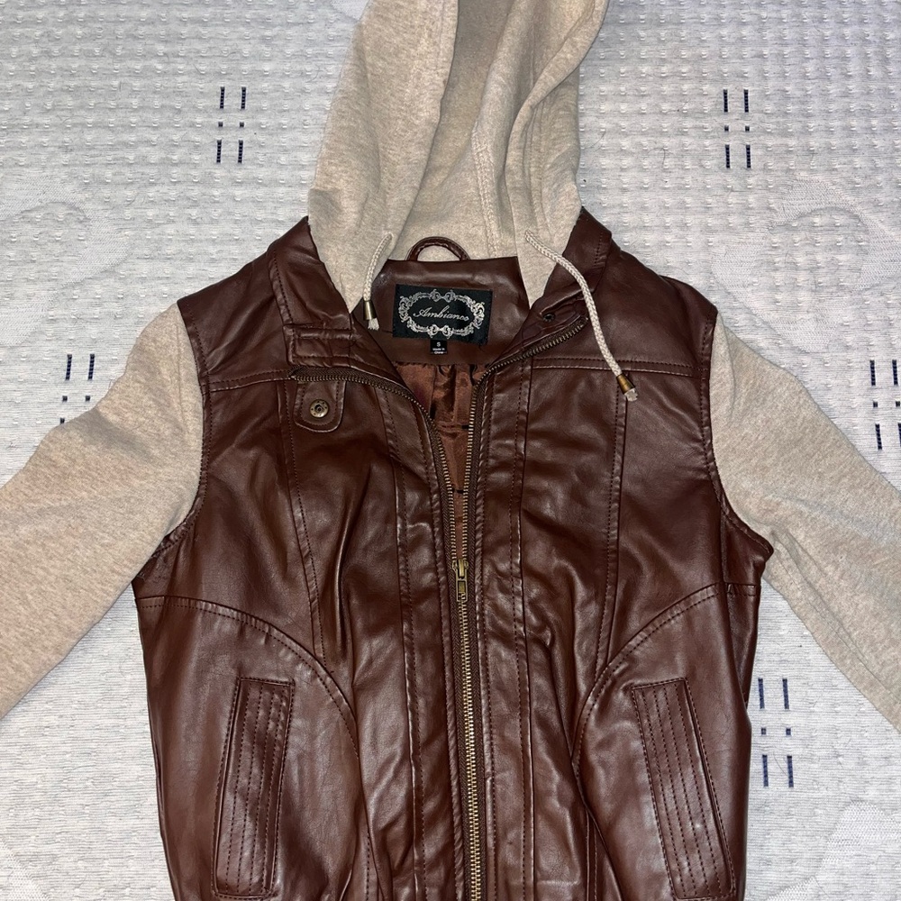 Ambiance Brown Faux Leather Sweater Jacket with Cream Hoodie and sweater sleeves
